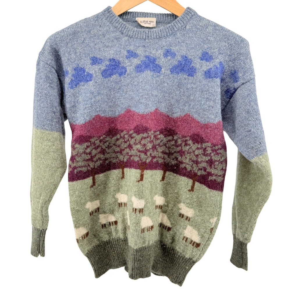 Vintage Pure New Wool Sheep Landscape Intarsia Knit Sweater Blue‎ Green Sz 40
